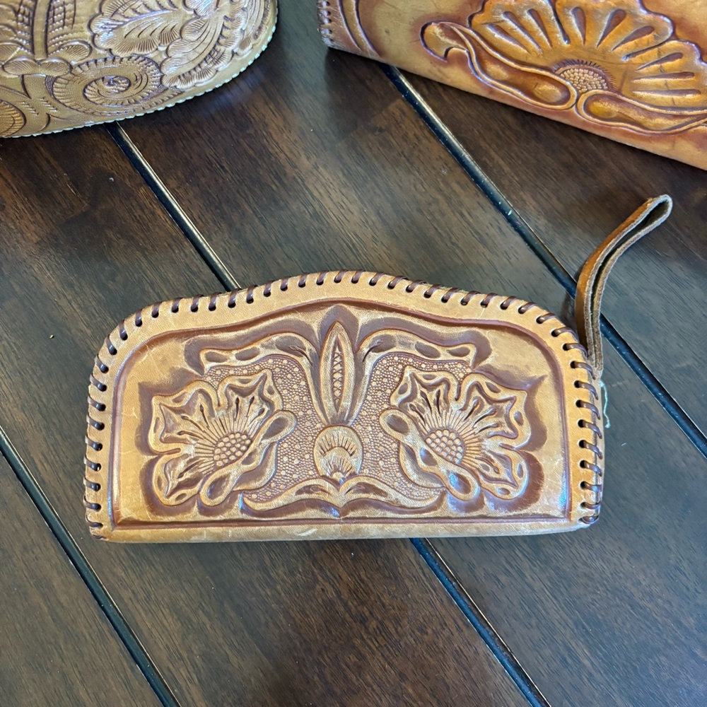 Vintage Handcrafted Mexican Tan Leather Bag Set Trio Genuine Cowhide Western - Picture 4 of 16